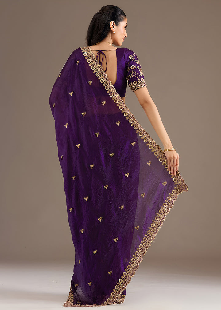 Buy Now Purple Multiple Sequins Embroidered Wedding Saree Online in US, UK, Canada, France, Germany, Denmark, Netherland, Sweden, UAE & Worldwide at Empress.