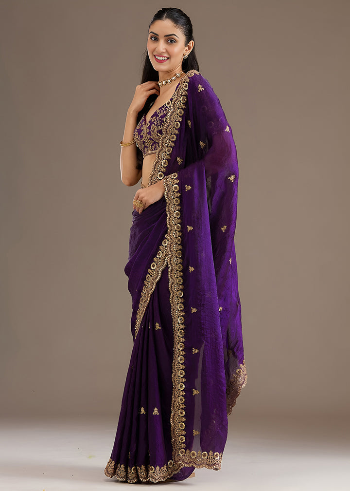 Buy Now Purple Multiple Sequins Embroidered Wedding Saree Online in US, UK, Canada, France, Germany, Denmark, Netherland, Sweden, UAE & Worldwide at Empress.
