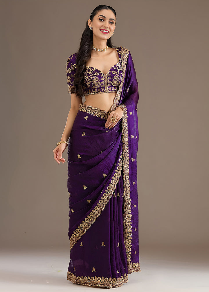 Buy Now Purple Multiple Sequins Embroidered Wedding Saree Online in US, UK, Canada, France, Germany, Denmark, Netherland, Sweden, UAE & Worldwide at Empress.