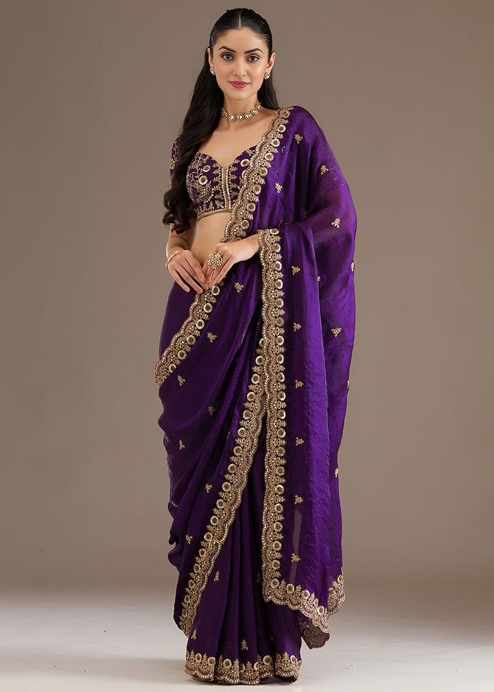 Buy Now Purple Multiple Sequins Embroidered Wedding Saree Online in US, UK, Canada, France, Germany, Denmark, Netherland, Sweden, UAE & Worldwide at Empress.