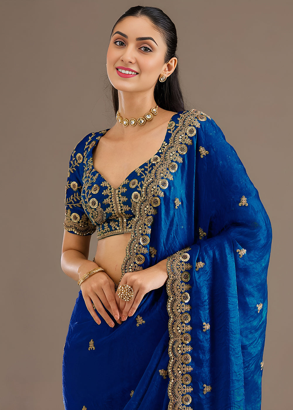 Buy Now Royal Blue Multiple Sequins Embroidered Wedding Saree Online in US, UK, Canada, France, Germany, Denmark, Netherland, Sweden, UAE & Worldwide at Empress.