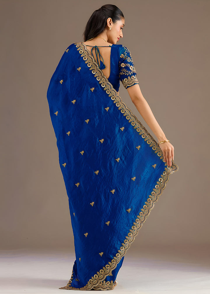 Buy Now Royal Blue Multiple Sequins Embroidered Wedding Saree Online in US, UK, Canada, France, Germany, Denmark, Netherland, Sweden, UAE & Worldwide at Empress.