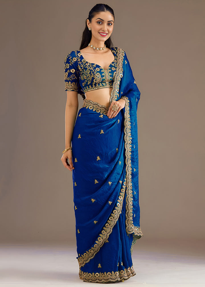 Buy Now Royal Blue Multiple Sequins Embroidered Wedding Saree Online in US, UK, Canada, France, Germany, Denmark, Netherland, Sweden, UAE & Worldwide at Empress.