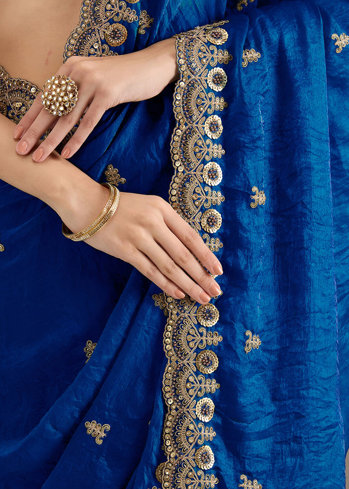 Buy Now Royal Blue Multiple Sequins Embroidered Wedding Saree Online in US, UK, Canada, France, Germany, Denmark, Netherland, Sweden, UAE & Worldwide at Empress.