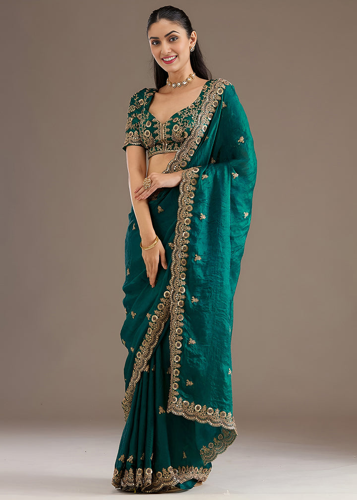 Buy Now Rama Multiple Sequins Embroidered Wedding Saree Online in US, UK, Canada, France, Germany, Denmark, Netherland, Sweden, UAE & Worldwide at Empress.