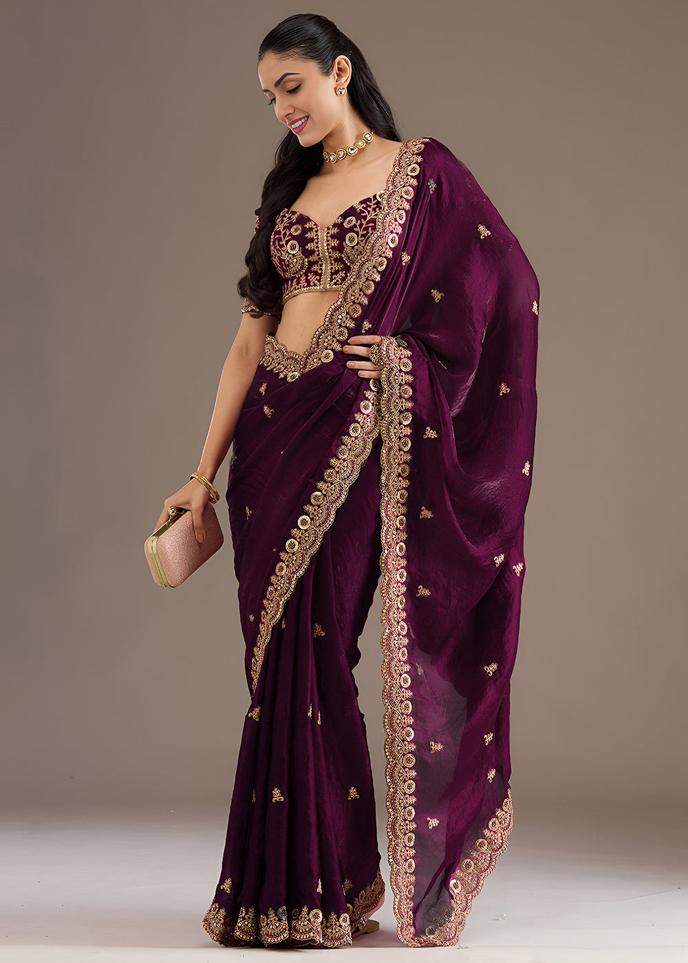 Buy Now Wine Multiple Sequins Embroidered Wedding Saree Online in US, UK, Canada, France, Germany, Denmark, Netherland, Sweden, UAE & Worldwide at Empress.