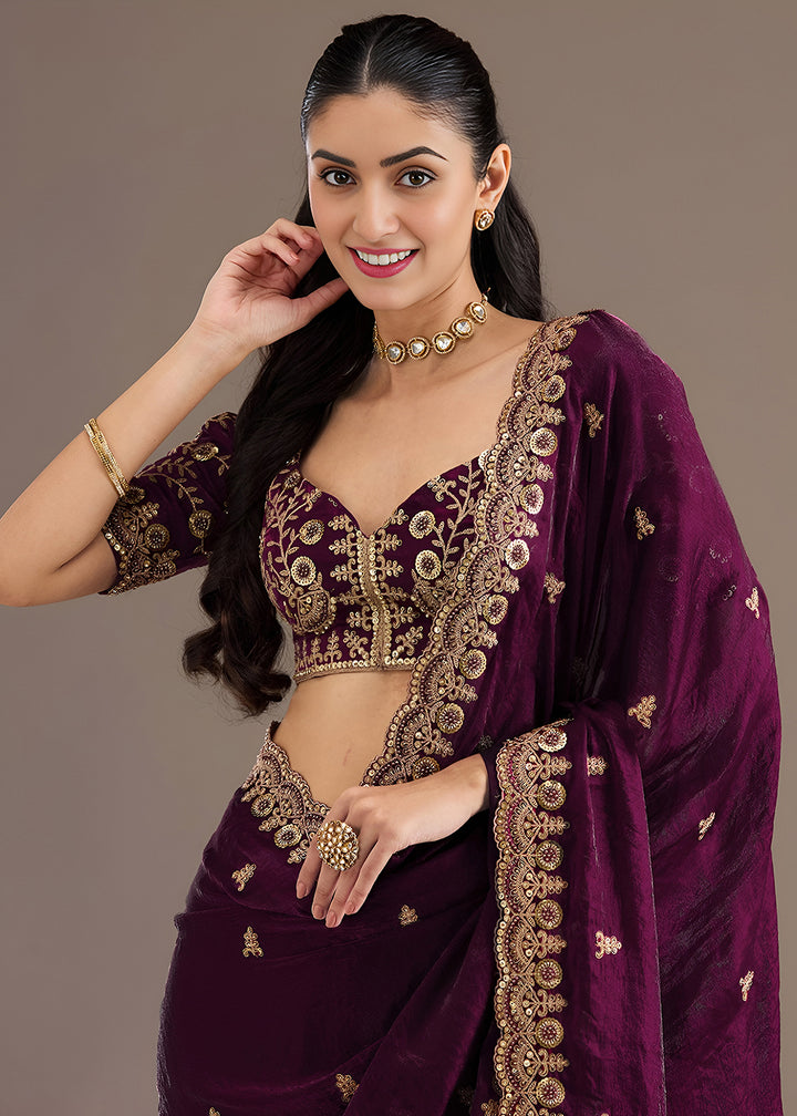 Buy Now Wine Multiple Sequins Embroidered Wedding Saree Online in US, UK, Canada, France, Germany, Denmark, Netherland, Sweden, UAE & Worldwide at Empress.