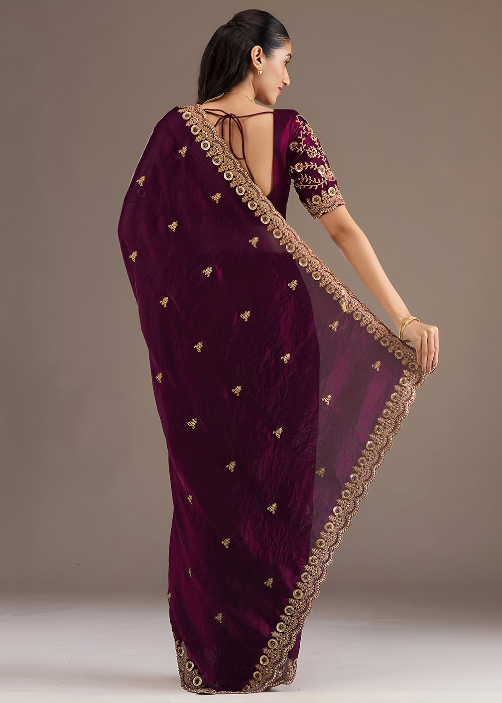 Buy Now Wine Multiple Sequins Embroidered Wedding Saree Online in US, UK, Canada, France, Germany, Denmark, Netherland, Sweden, UAE & Worldwide at Empress.