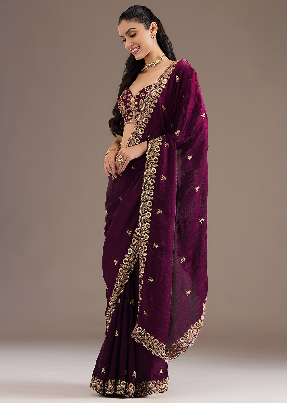 Buy Now Wine Multiple Sequins Embroidered Wedding Saree Online in US, UK, Canada, France, Germany, Denmark, Netherland, Sweden, UAE & Worldwide at Empress.