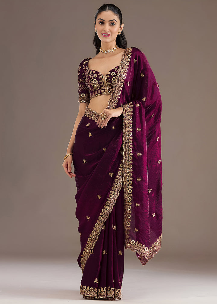 Buy Now Wine Multiple Sequins Embroidered Wedding Saree Online in US, UK, Canada, France, Germany, Denmark, Netherland, Sweden, UAE & Worldwide at Empress.