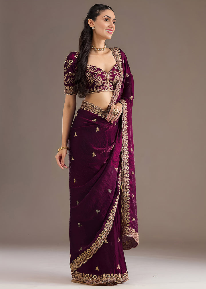 Buy Now Wine Multiple Sequins Embroidered Wedding Saree Online in US, UK, Canada, France, Germany, Denmark, Netherland, Sweden, UAE & Worldwide at Empress.