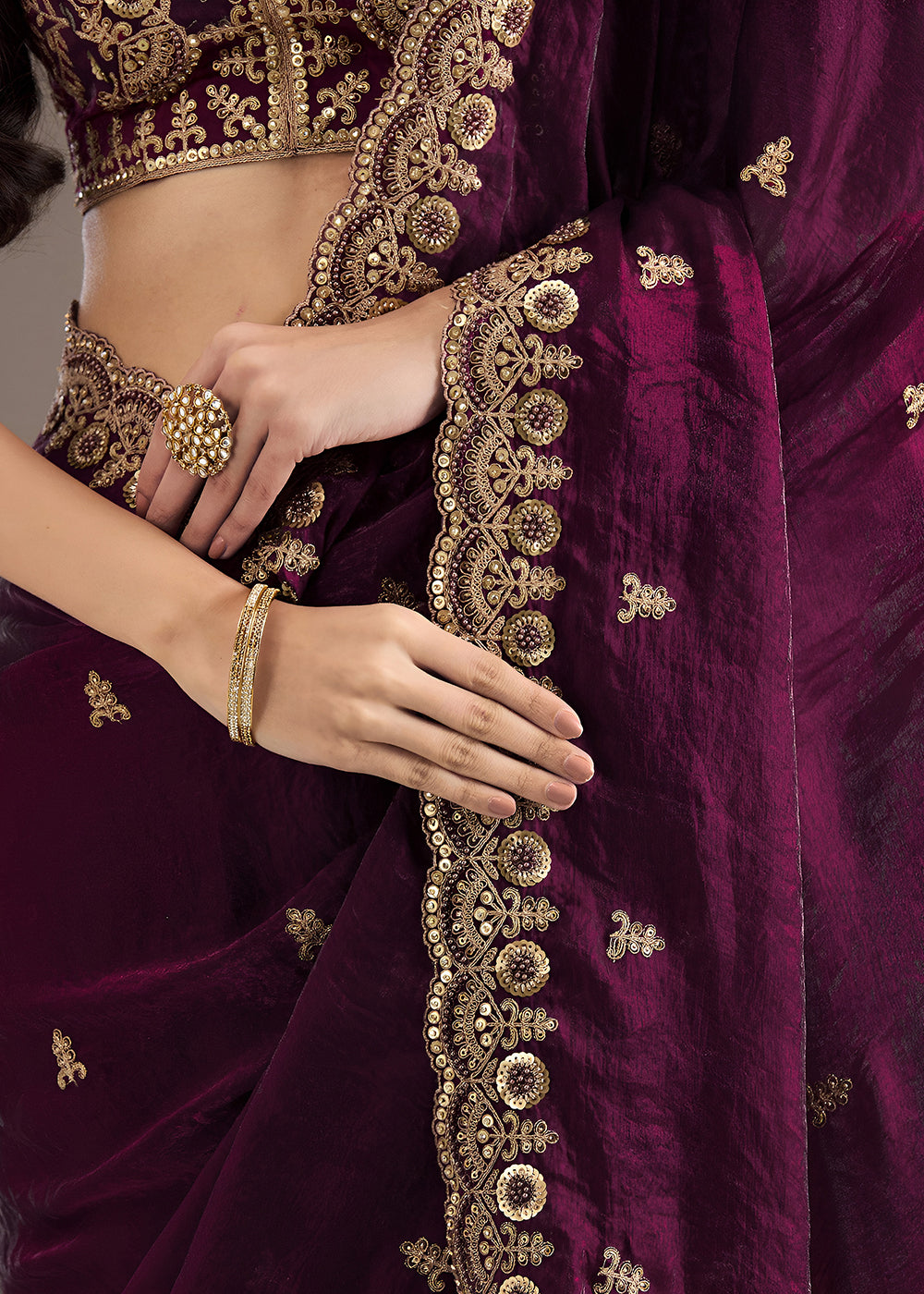 Buy Now Wine Multiple Sequins Embroidered Wedding Saree Online in US, UK, Canada, France, Germany, Denmark, Netherland, Sweden, UAE & Worldwide at Empress.