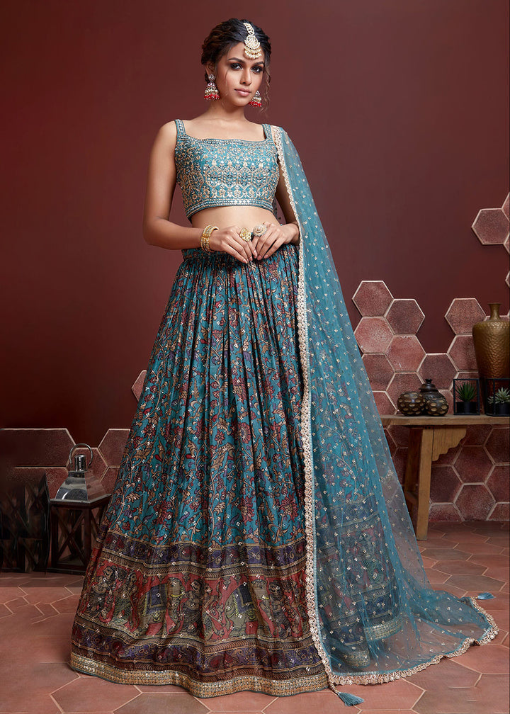 Buy Now Turquoise Silk Embroidered Festive Party Wear Lehenga Choli Online in USA, UK, Canada, France, Italy, Germany, Australia & Worldwide at Empress Clothing.