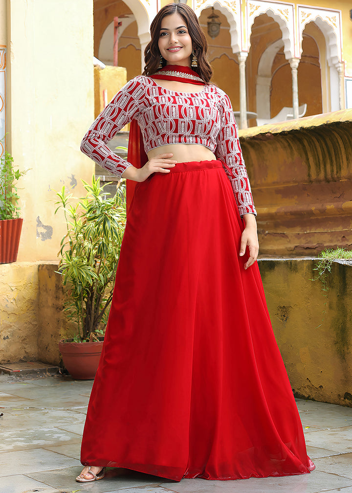 Buy Now Wedding Festive Red Embroidered Trendy Lehenga Choli Online in USA, UK, Canada, France, Italy, Germany, Austria, UAE & Worldwide at Empress Clothing.