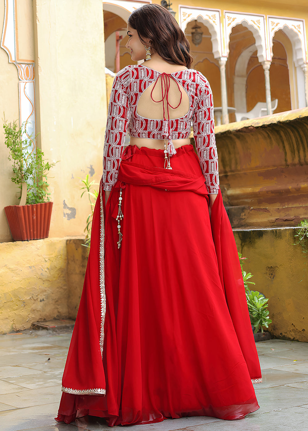 Buy Now Wedding Festive Red Embroidered Trendy Lehenga Choli Online in USA, UK, Canada, France, Italy, Germany, Austria, UAE & Worldwide at Empress Clothing.