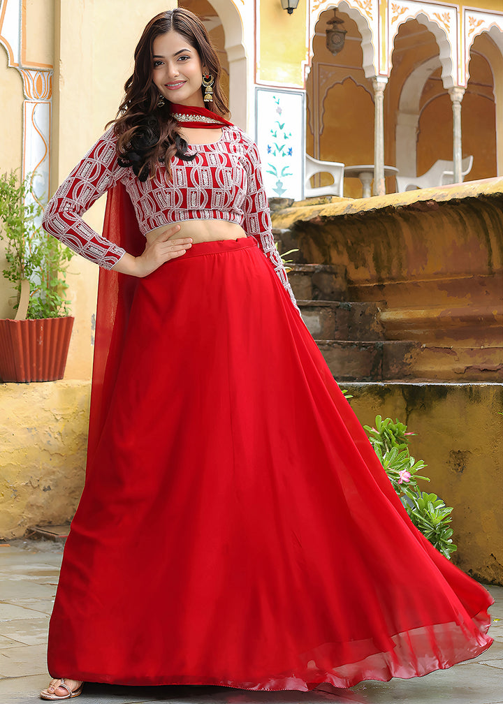 Buy Now Wedding Festive Red Embroidered Trendy Lehenga Choli Online in USA, UK, Canada, France, Italy, Germany, Austria, UAE & Worldwide at Empress Clothing.