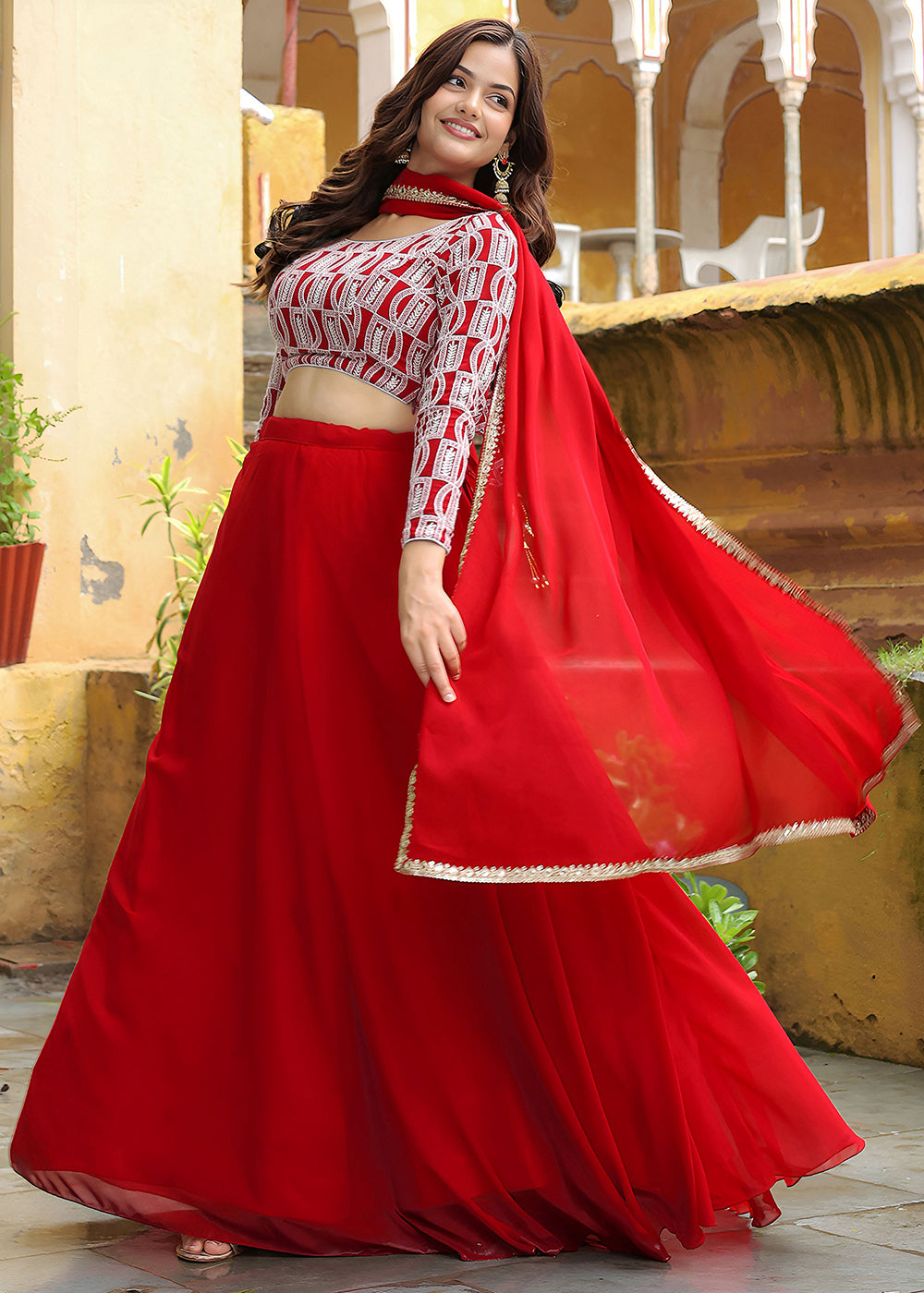 Buy Now Wedding Festive Red Embroidered Trendy Lehenga Choli Online in USA, UK, Canada, France, Italy, Germany, Austria, UAE & Worldwide at Empress Clothing.