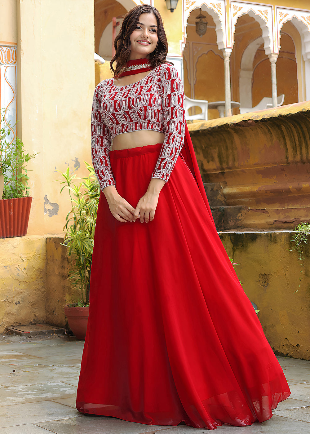 Buy Now Wedding Festive Red Embroidered Trendy Lehenga Choli Online in USA, UK, Canada, France, Italy, Germany, Austria, UAE & Worldwide at Empress Clothing.