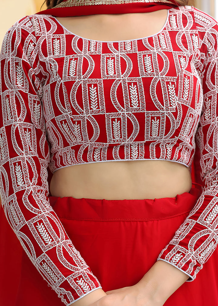 Buy Now Wedding Festive Red Embroidered Trendy Lehenga Choli Online in USA, UK, Canada, France, Italy, Germany, Austria, UAE & Worldwide at Empress Clothing.