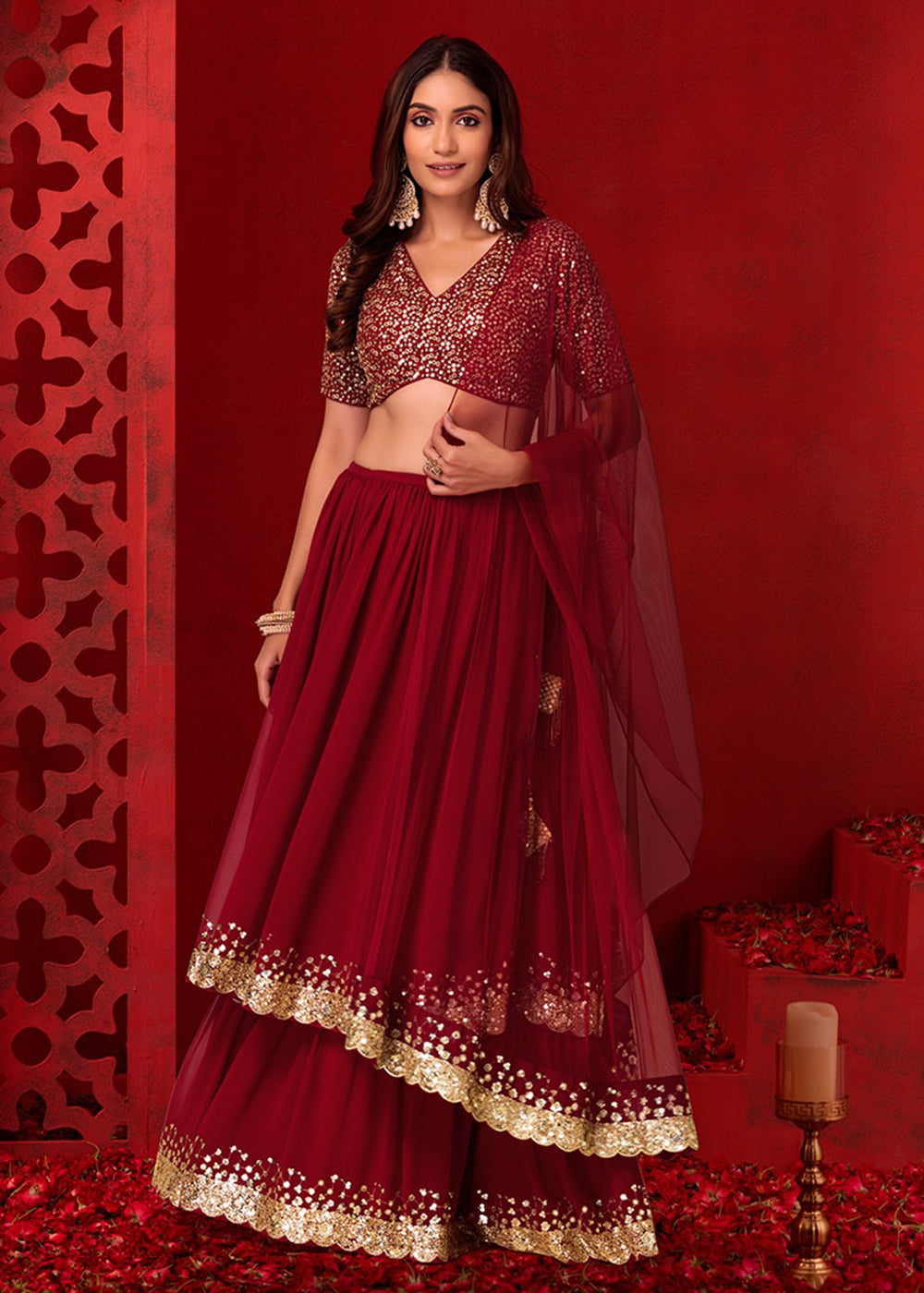 Party Wear Lehenga Choli Adorning Red Designer Style Lehenga