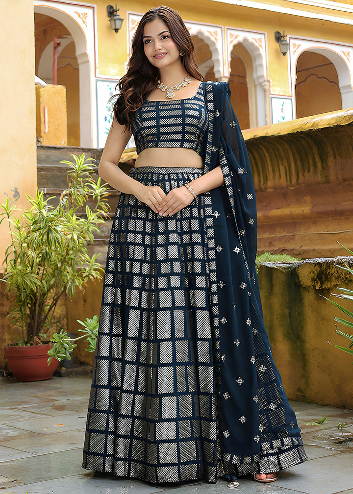 Buy Now Wedding Festive Dark Blue Embroidered Trendy Lehenga Choli Online in USA, UK, Canada, France, Italy, Germany, Austria, UAE & Worldwide at Empress.