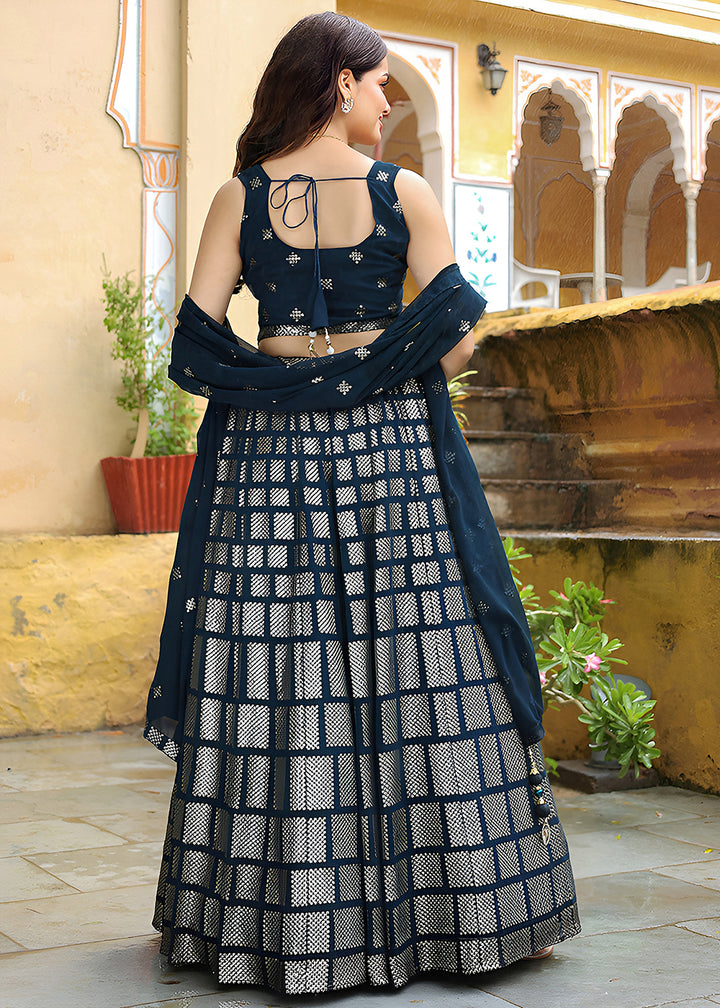 Buy Now Wedding Festive Dark Blue Embroidered Trendy Lehenga Choli Online in USA, UK, Canada, France, Italy, Germany, Austria, UAE & Worldwide at Empress.