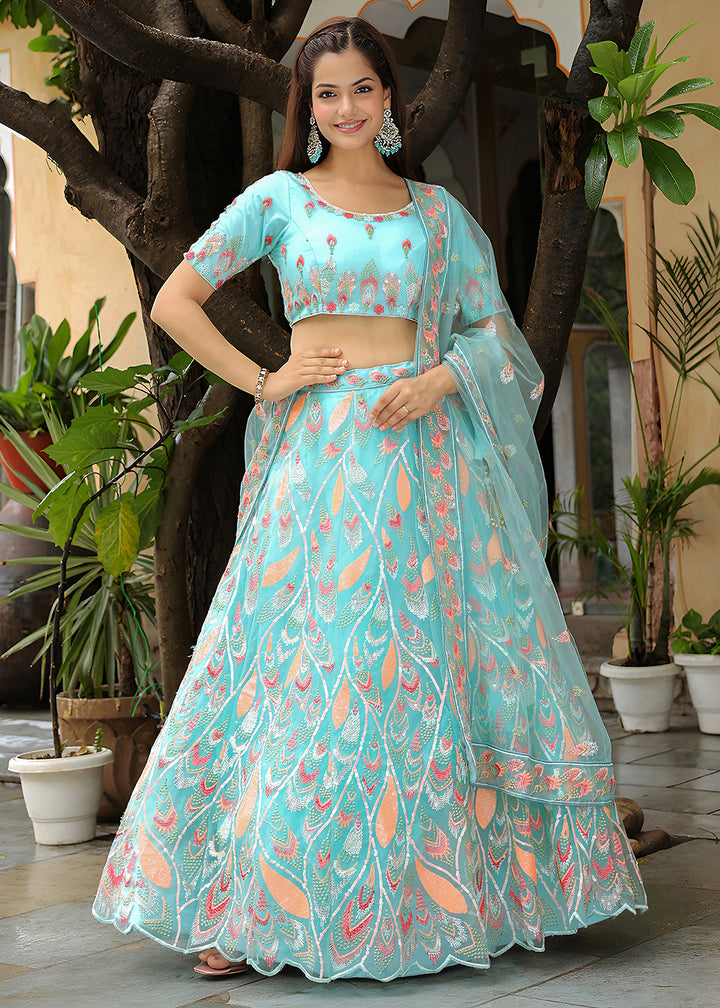 Buy Now Wedding Festive Sky Blue Embroidered Trendy Lehenga Choli Online in USA, UK, Canada, France, Italy, Germany, Austria, UAE & Worldwide at Empress.