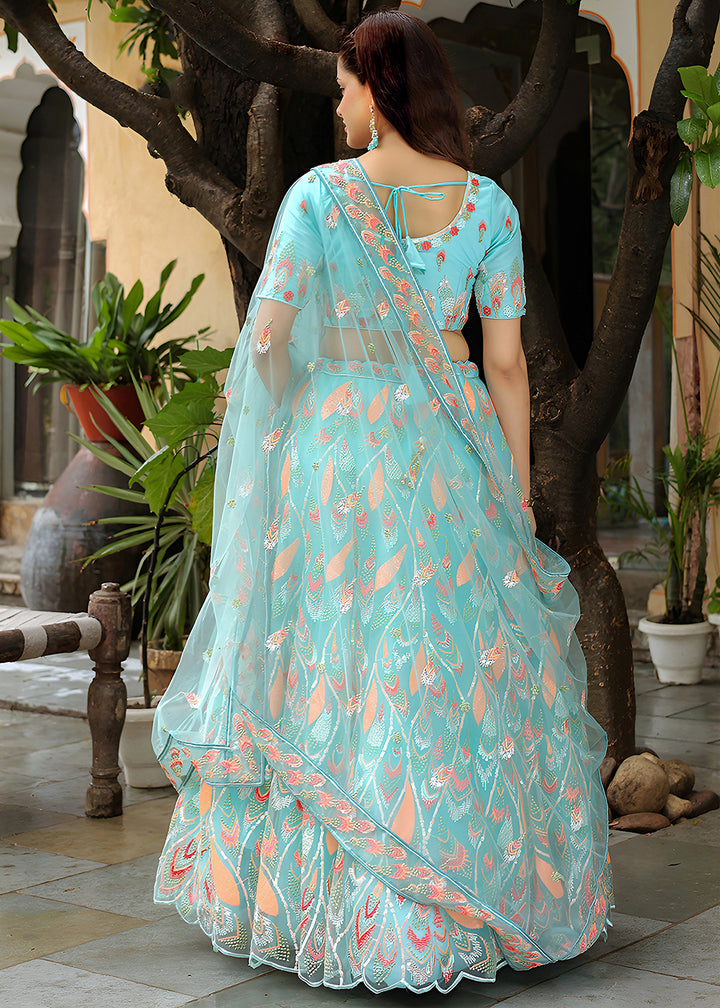 Buy Now Wedding Festive Sky Blue Embroidered Trendy Lehenga Choli Online in USA, UK, Canada, France, Italy, Germany, Austria, UAE & Worldwide at Empress.