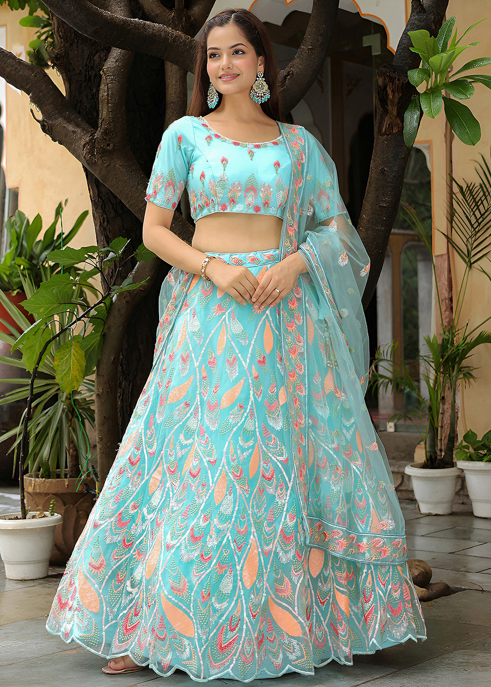 Buy Now Wedding Festive Sky Blue Embroidered Trendy Lehenga Choli Online in USA, UK, Canada, France, Italy, Germany, Austria, UAE & Worldwide at Empress.