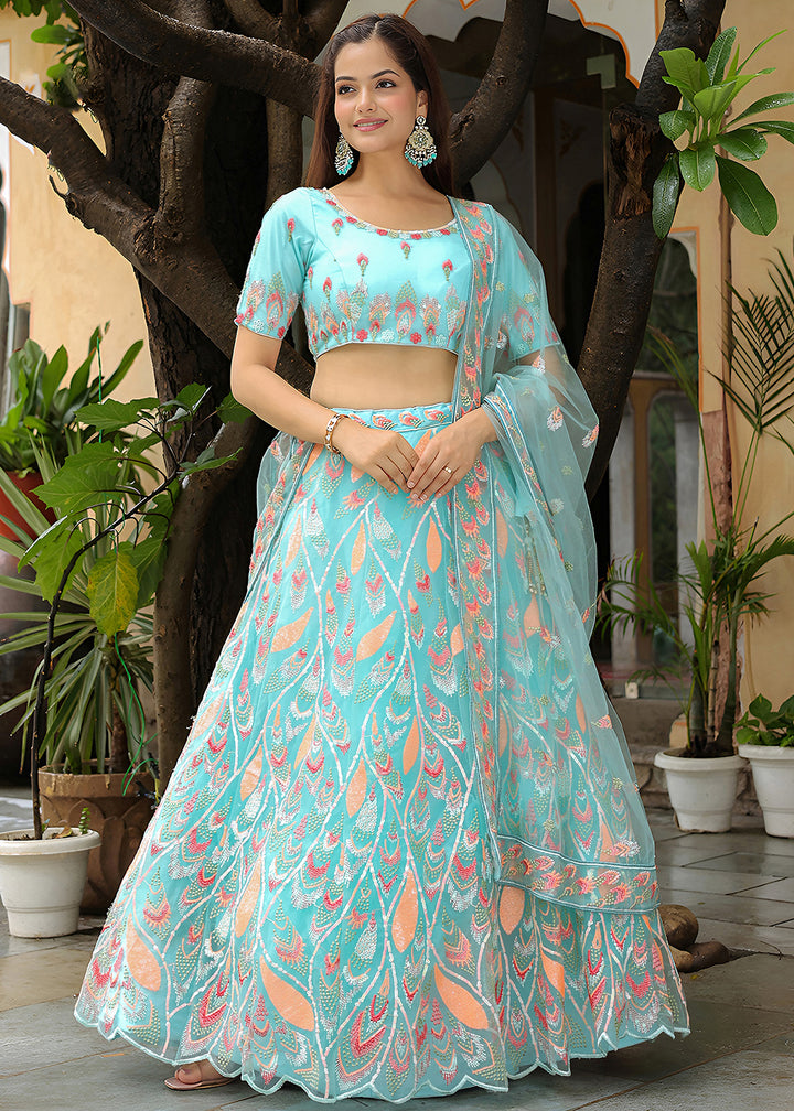 Buy Now Wedding Festive Sky Blue Embroidered Trendy Lehenga Choli Online in USA, UK, Canada, France, Italy, Germany, Austria, UAE & Worldwide at Empress.