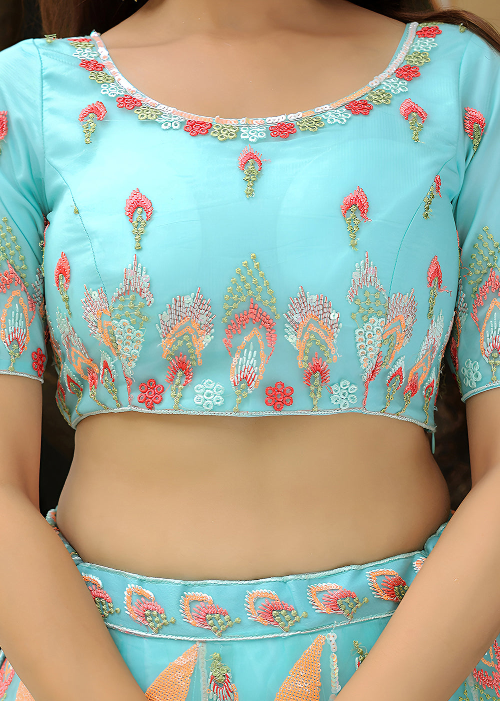Buy Now Wedding Festive Sky Blue Embroidered Trendy Lehenga Choli Online in USA, UK, Canada, France, Italy, Germany, Austria, UAE & Worldwide at Empress.