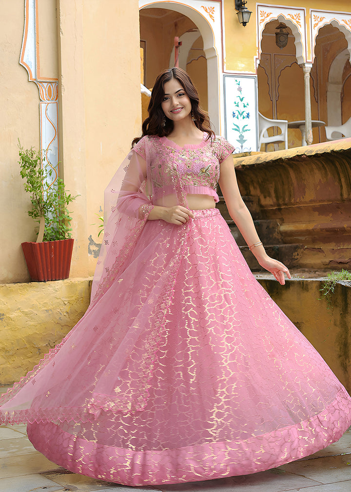 Buy Now Wedding Festive Pink Embroidered Trendy Lehenga Choli Online in USA, UK, Canada, France, Italy, Germany, Austria, UAE, Qatar & Worldwide at Empress.