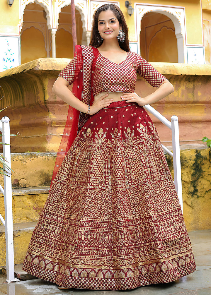Buy Now Wedding Festive Maroon Embroidered Trendy Lehenga Choli Online in USA, UK, Canada, France, Italy, Germany, Austria, UAE, Qatar & Worldwide at Empress.