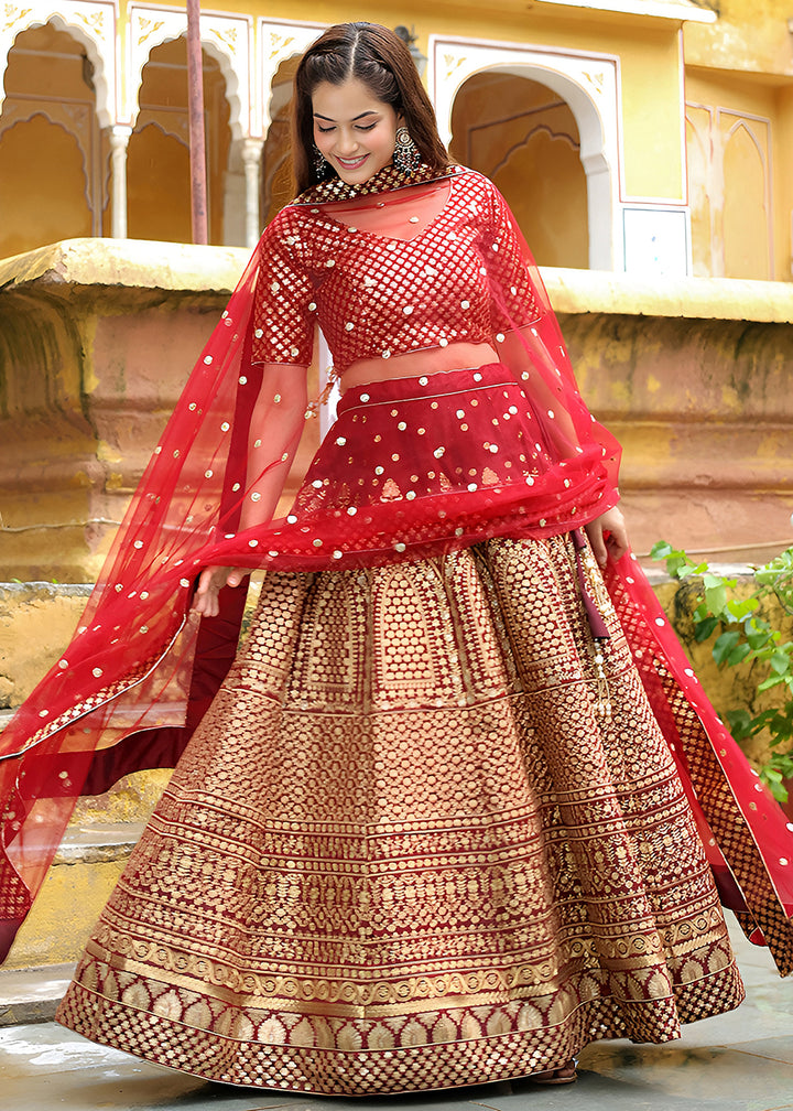 Buy Now Wedding Festive Maroon Embroidered Trendy Lehenga Choli Online in USA, UK, Canada, France, Italy, Germany, Austria, UAE, Qatar & Worldwide at Empress.