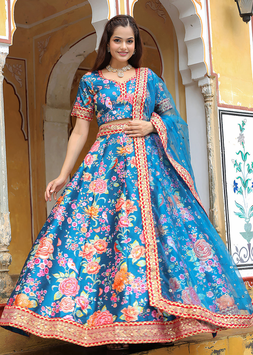 Buy Now Wedding Festive Blue Embroidered Trendy Lehenga Choli Online in USA, UK, Canada, France, Italy, Germany, Austria, UAE, Qatar & Worldwide at Empress.