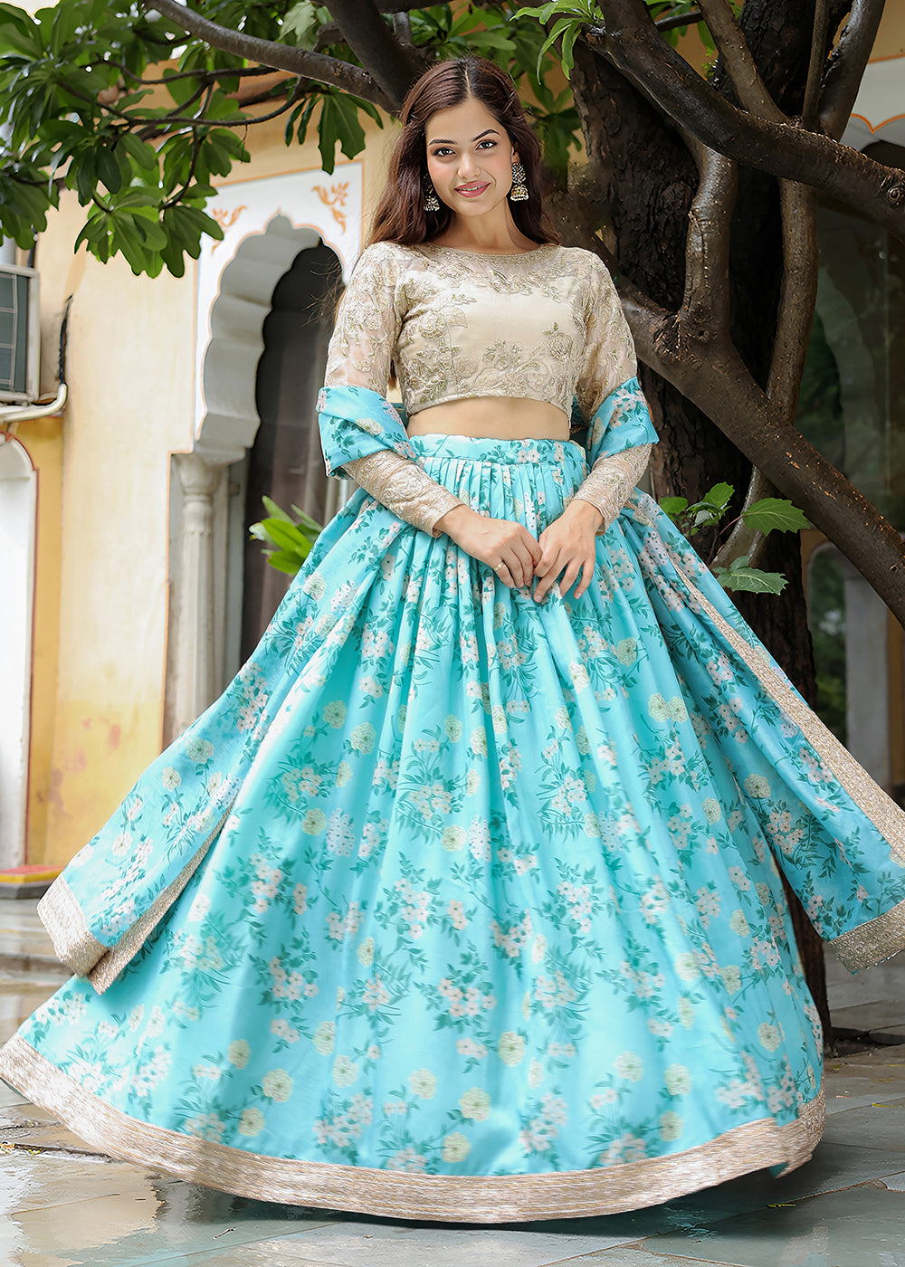 Buy Now Wedding Festive Blue & Beige Embroidered Trendy Lehenga Choli Online in USA, UK, Canada, France, Italy, Germany, Austria, Qatar & Worldwide at Empress.