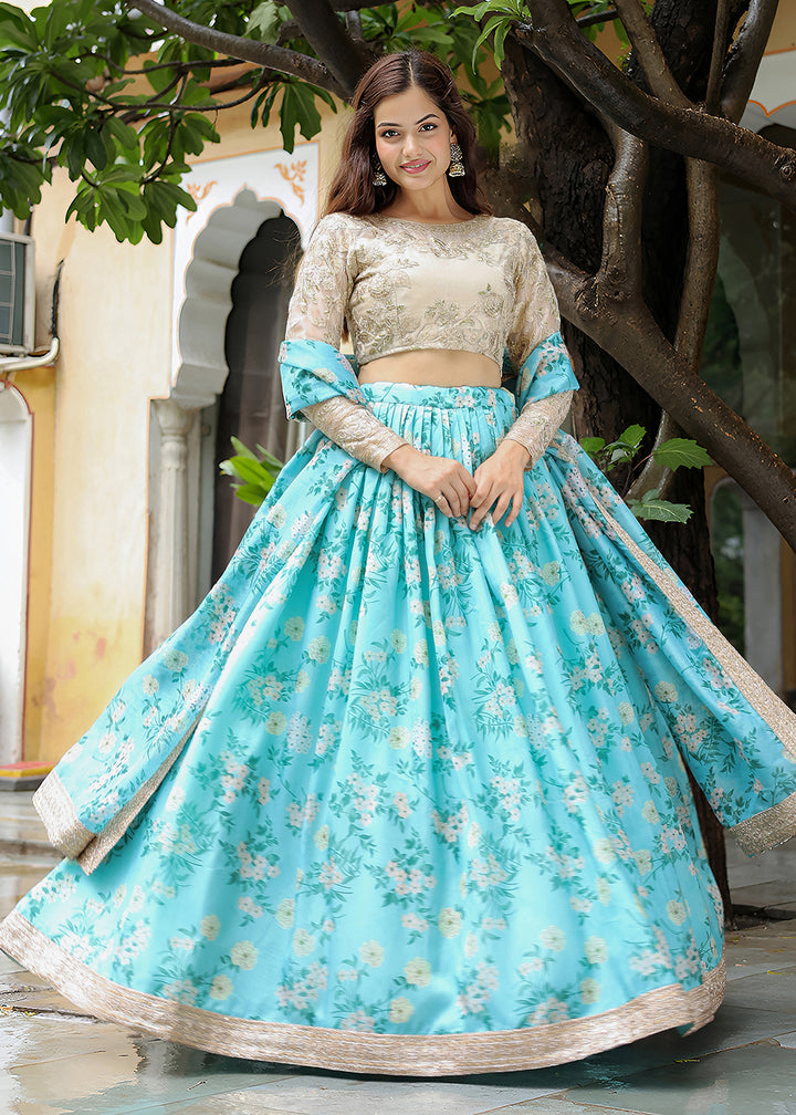 Buy Now Wedding Festive Blue & Beige Embroidered Trendy Lehenga Choli Online in USA, UK, Canada, France, Italy, Germany, Austria, Qatar & Worldwide at Empress.