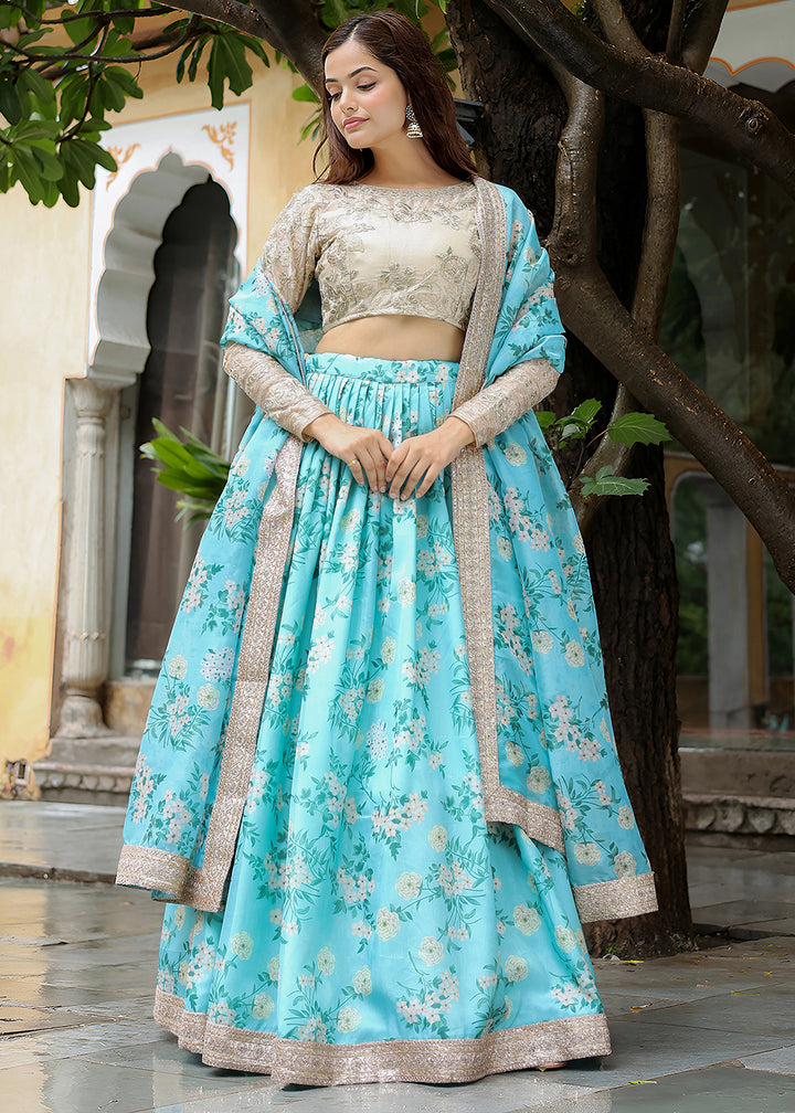 Buy Now Wedding Festive Blue & Beige Embroidered Trendy Lehenga Choli Online in USA, UK, Canada, France, Italy, Germany, Austria, Qatar & Worldwide at Empress.