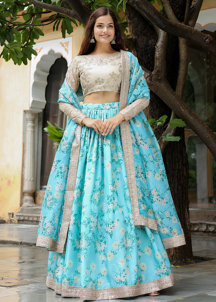 Buy Now Wedding Festive Blue & Beige Embroidered Trendy Lehenga Choli Online in USA, UK, Canada, France, Italy, Germany, Austria, Qatar & Worldwide at Empress.