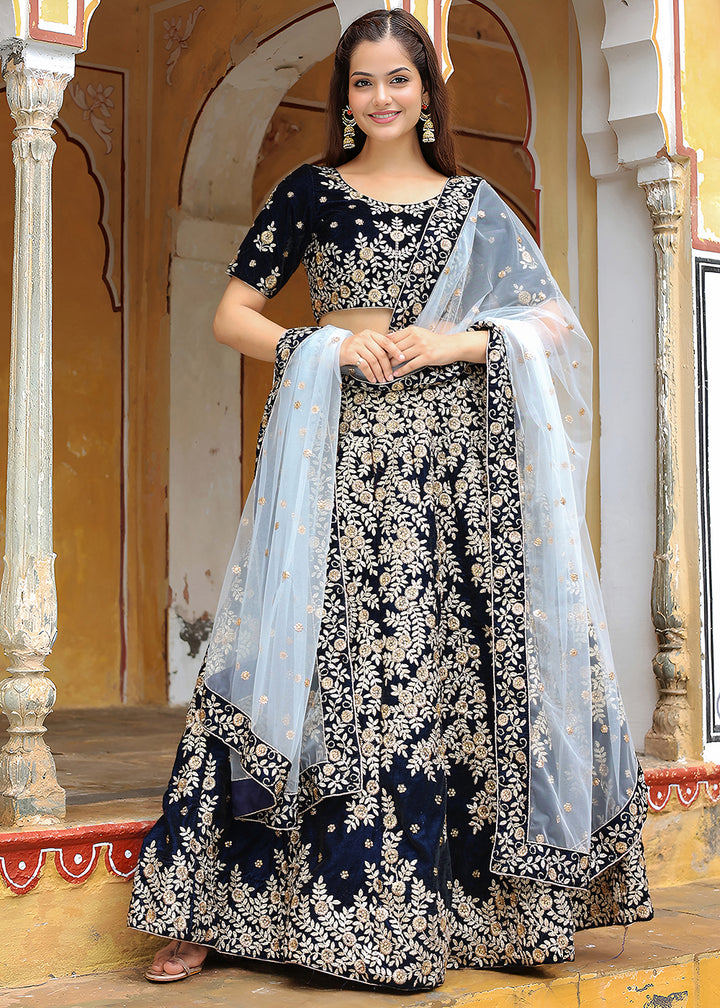 Buy Now Wedding Festive Navy Blue Embroidered Trendy Lehenga Choli Online in USA, UK, Canada, France, Italy, Germany, Austria, Qatar & Worldwide at Empress.