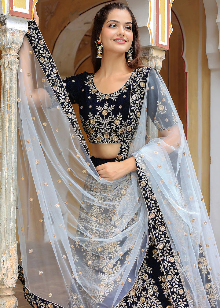 Buy Now Wedding Festive Navy Blue Embroidered Trendy Lehenga Choli Online in USA, UK, Canada, France, Italy, Germany, Austria, Qatar & Worldwide at Empress.