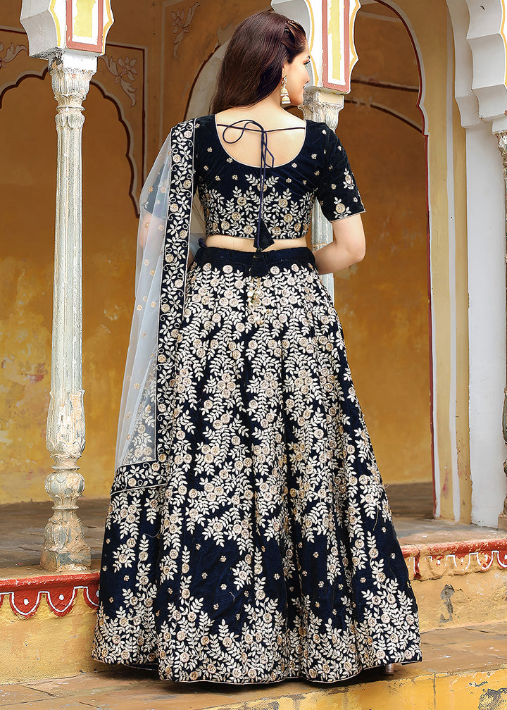 Buy Now Wedding Festive Navy Blue Embroidered Trendy Lehenga Choli Online in USA, UK, Canada, France, Italy, Germany, Austria, Qatar & Worldwide at Empress.