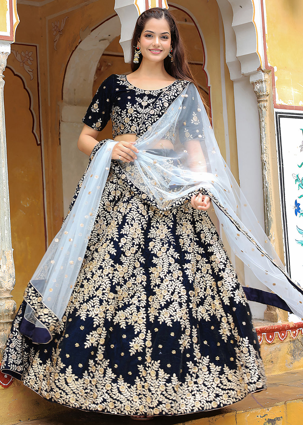 Buy Now Wedding Festive Navy Blue Embroidered Trendy Lehenga Choli Online in USA, UK, Canada, France, Italy, Germany, Austria, Qatar & Worldwide at Empress.