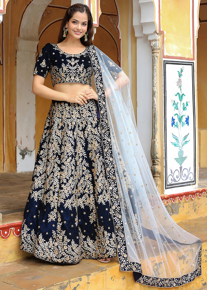 Buy Now Wedding Festive Navy Blue Embroidered Trendy Lehenga Choli Online in USA, UK, Canada, France, Italy, Germany, Austria, Qatar & Worldwide at Empress.