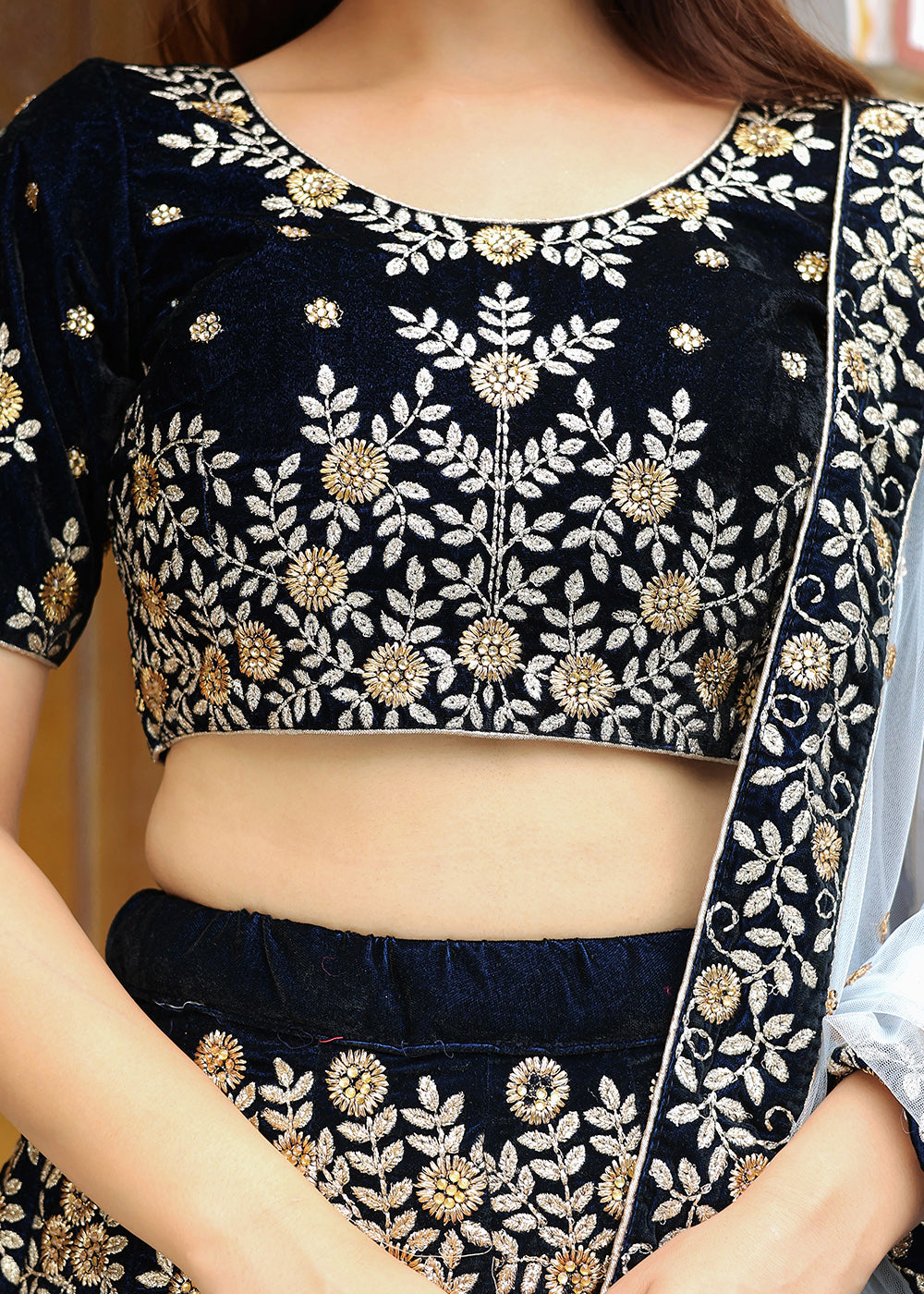 Buy Now Wedding Festive Navy Blue Embroidered Trendy Lehenga Choli Online in USA, UK, Canada, France, Italy, Germany, Austria, Qatar & Worldwide at Empress.