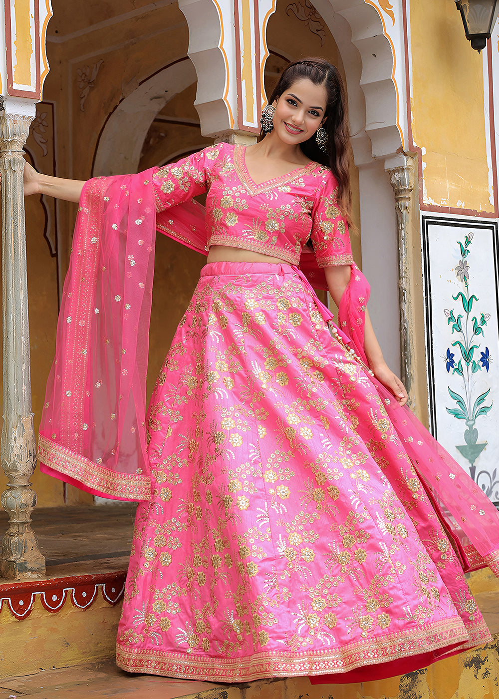 Buy Now Wedding Festive Pink Embroidered Trendy Lehenga Choli Online in USA, UK, Canada, France, Italy, Germany, Austria, Qatar, UAE & Worldwide at Empress.