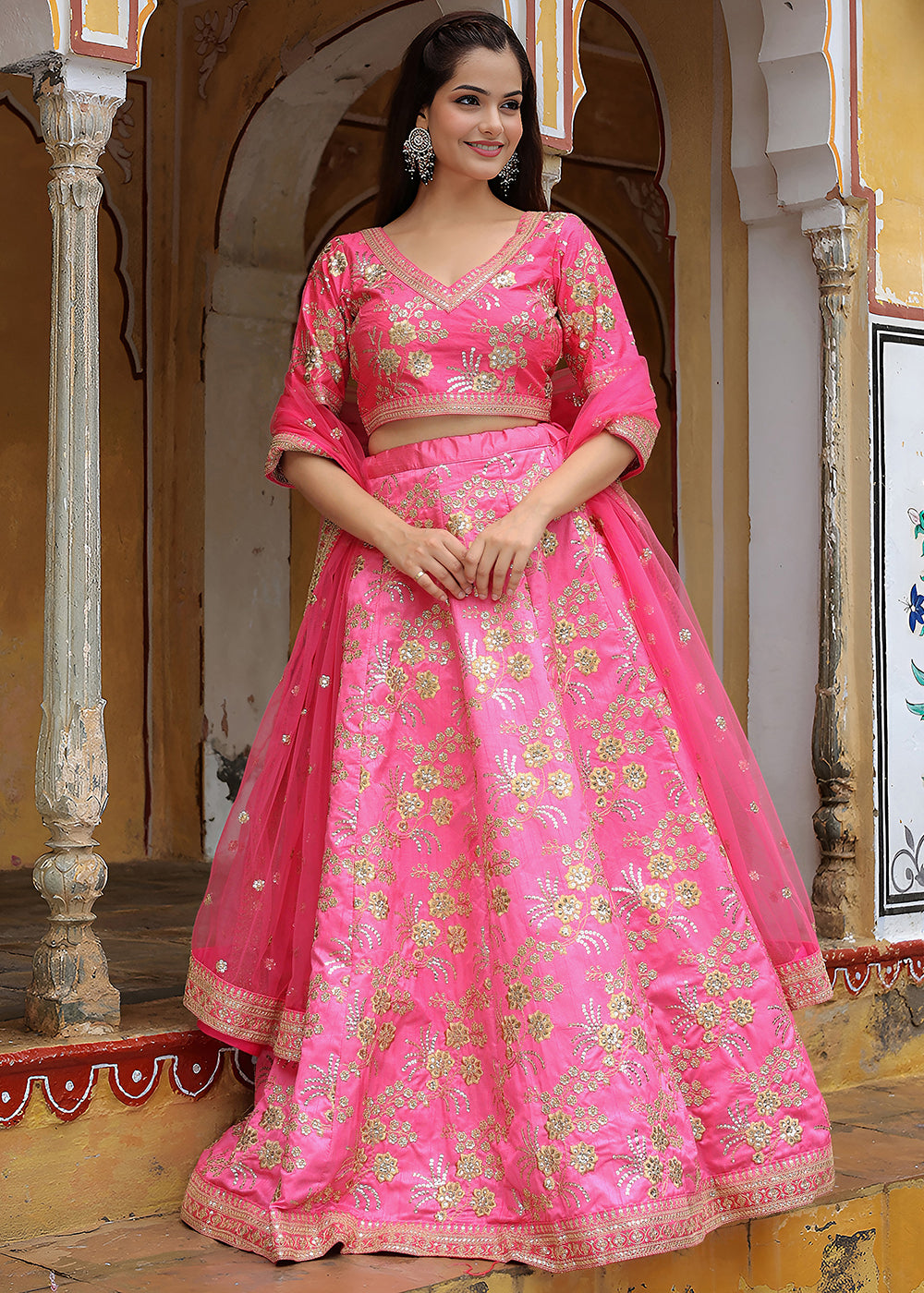 Buy Now Wedding Festive Pink Embroidered Trendy Lehenga Choli Online in USA, UK, Canada, France, Italy, Germany, Austria, Qatar, UAE & Worldwide at Empress.