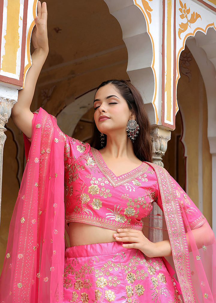 Buy Now Wedding Festive Pink Embroidered Trendy Lehenga Choli Online in USA, UK, Canada, France, Italy, Germany, Austria, Qatar, UAE & Worldwide at Empress.