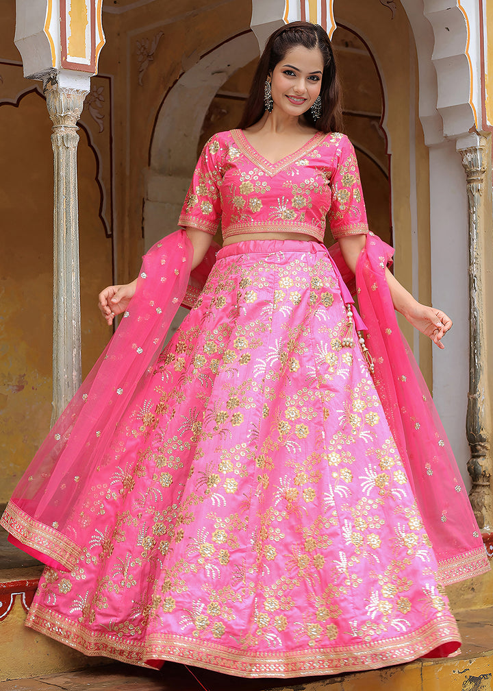 Buy Now Wedding Festive Pink Embroidered Trendy Lehenga Choli Online in USA, UK, Canada, France, Italy, Germany, Austria, Qatar, UAE & Worldwide at Empress.
