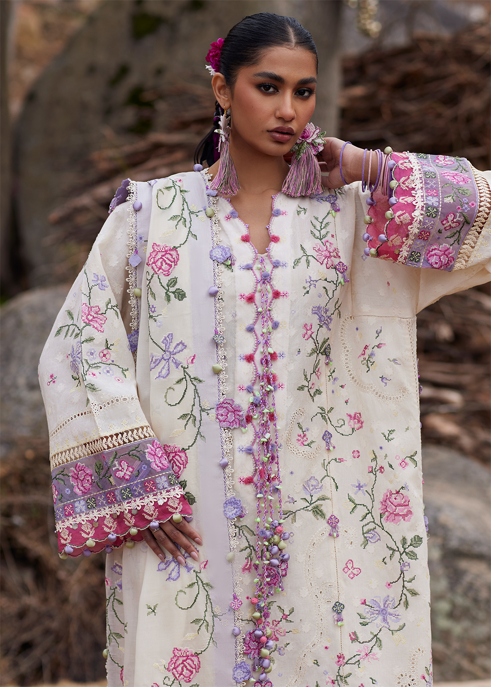 Buy Now Meiti Festive Lawn '26 by Zaha | HUĀ YÙN 花韵 (ZL26-03 A) Online in US, UK, Canada, France, Greece, Germany, Ireland, Sweden, UAE & Worldwide at Empress.